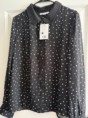 DR2 Black Polka Dot Button-Up Blouse women size XL new